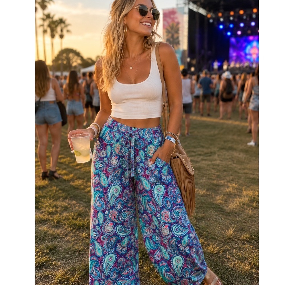 Simply Southern‎ Paisley Wide Leg Palazzo Pants Pink Blue Boho Festival L/XL